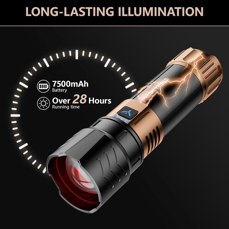 SkyFire مصابيح فلاش قابلة للشحن عالية اللمعان مع عدسة إشعال، 3000 لومن مصباح فلاش فائق السطوع، 7500 مللي أمبير، قابل للتكبير، مصباح تكتيكي مقاوم للماء لأساسيات التخييم في الهواء الطلق والهدايا - مُحسّن - Image 4